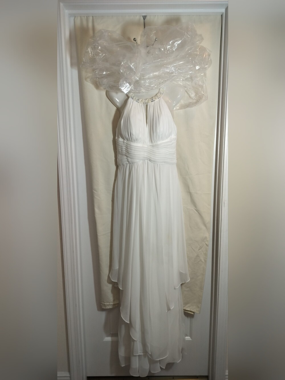 White Beaded Halter Evening Dress